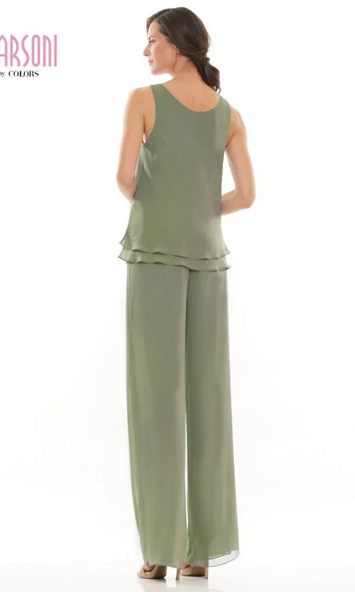 Woman wearing the Marsoni M304 Long Formal Pantsuit, featuring a sleeveless sage green layered top and matching wide-leg chiffon pants, stands with her back to the camera against a white background.